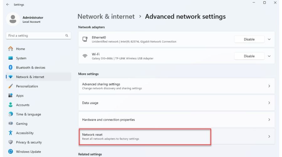 wifi option disappeared windows 11 Network reset