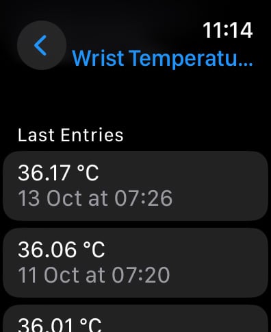 Apple Watch Series 9 Wrist Temperature absolute measurements