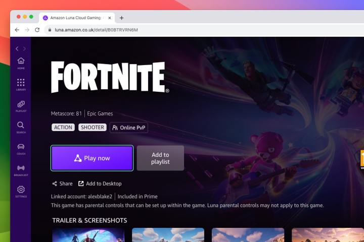 Amazon Luna running on a Mac, with the Fortnite page showing.