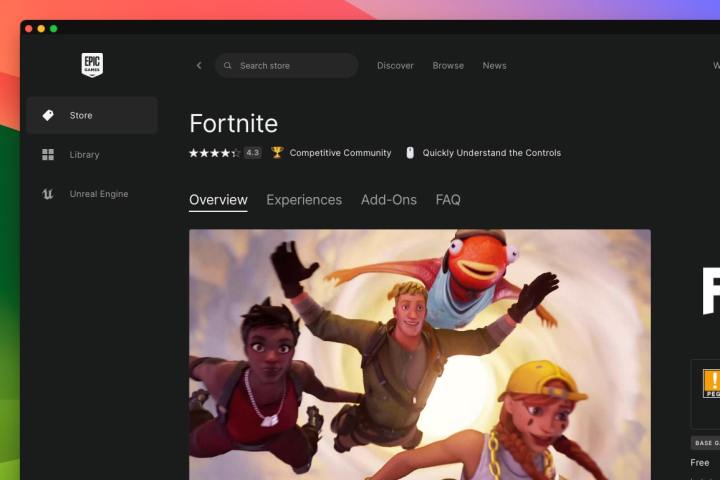 The Epic Games Store on a Mac, with the Fortnite page showing.