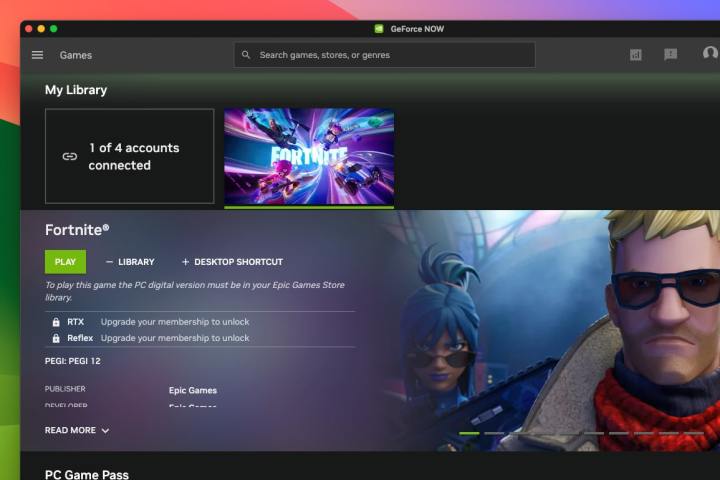 Nvidia GeForce Now running on a Mac, with the Fortnite page showing.