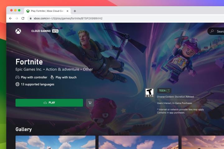 The Xbox Cloud Gaming web page running on a Mac, with the Fortnite page showing.