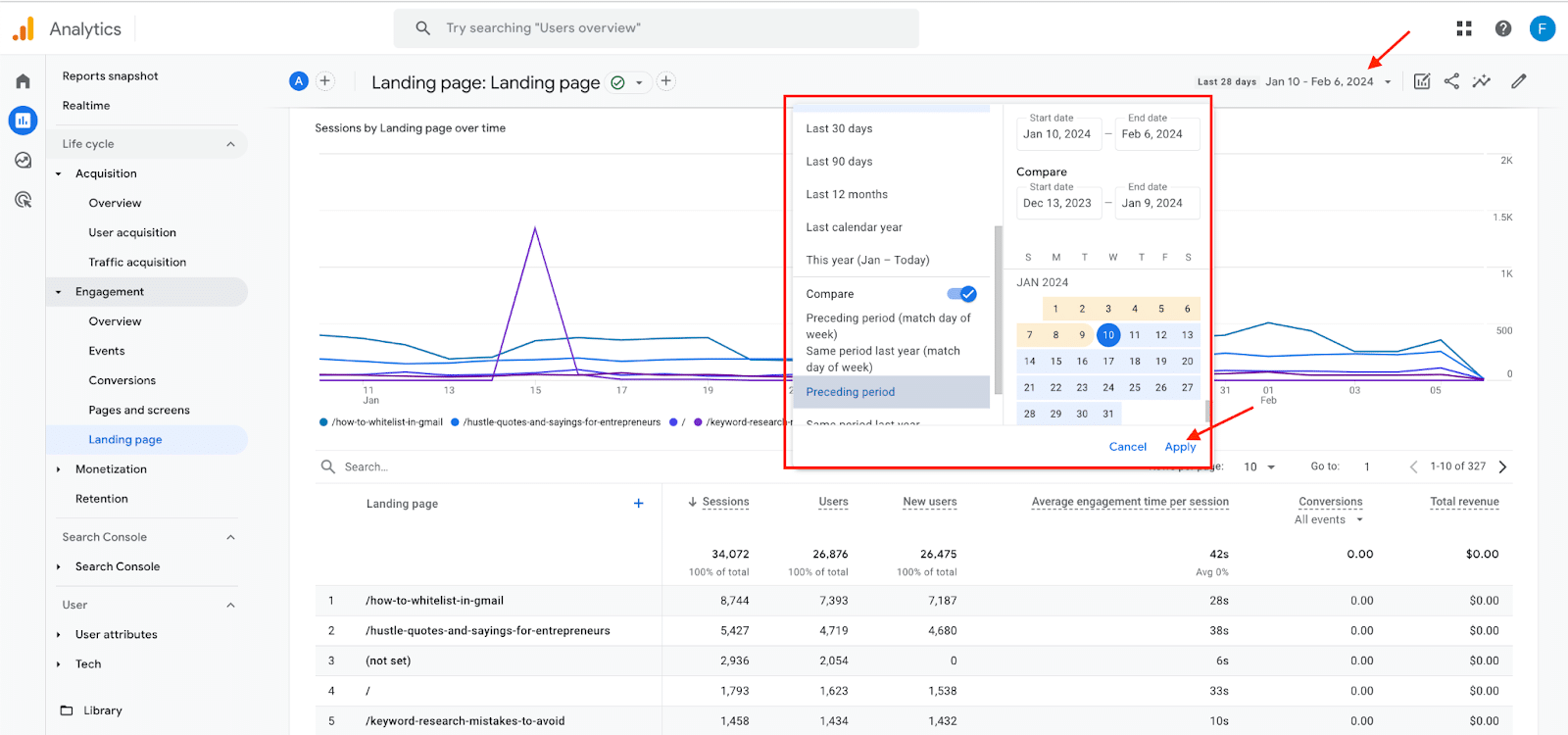 GA4 landing page report - compare last 3 months