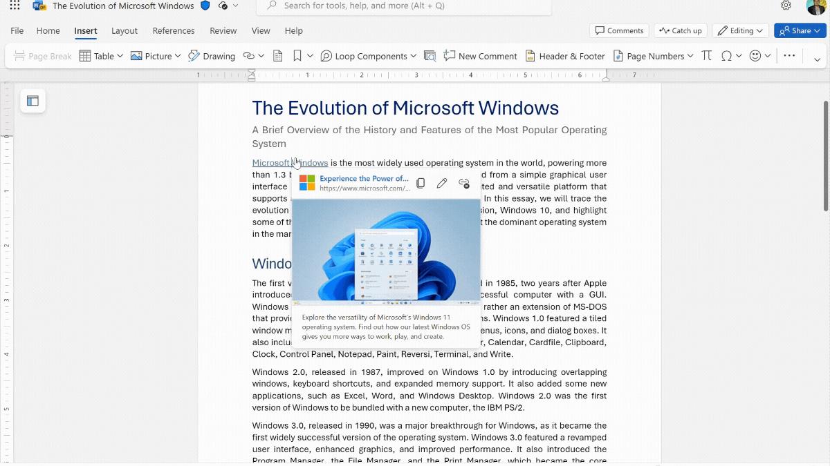 Microsoft adds support for link previews in Word for the web
