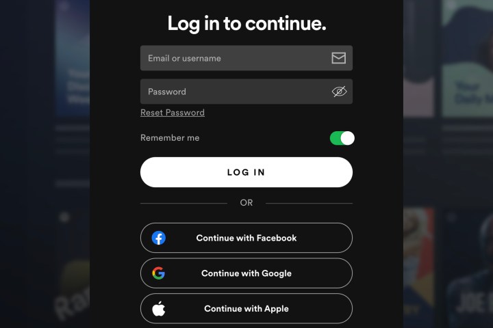 Spotify login options in the Mac desktop app.