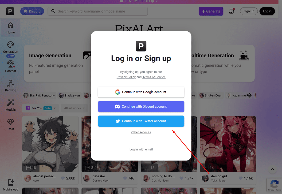 Use your Google, X (formerly Twitter,) or Discord account to sign up.