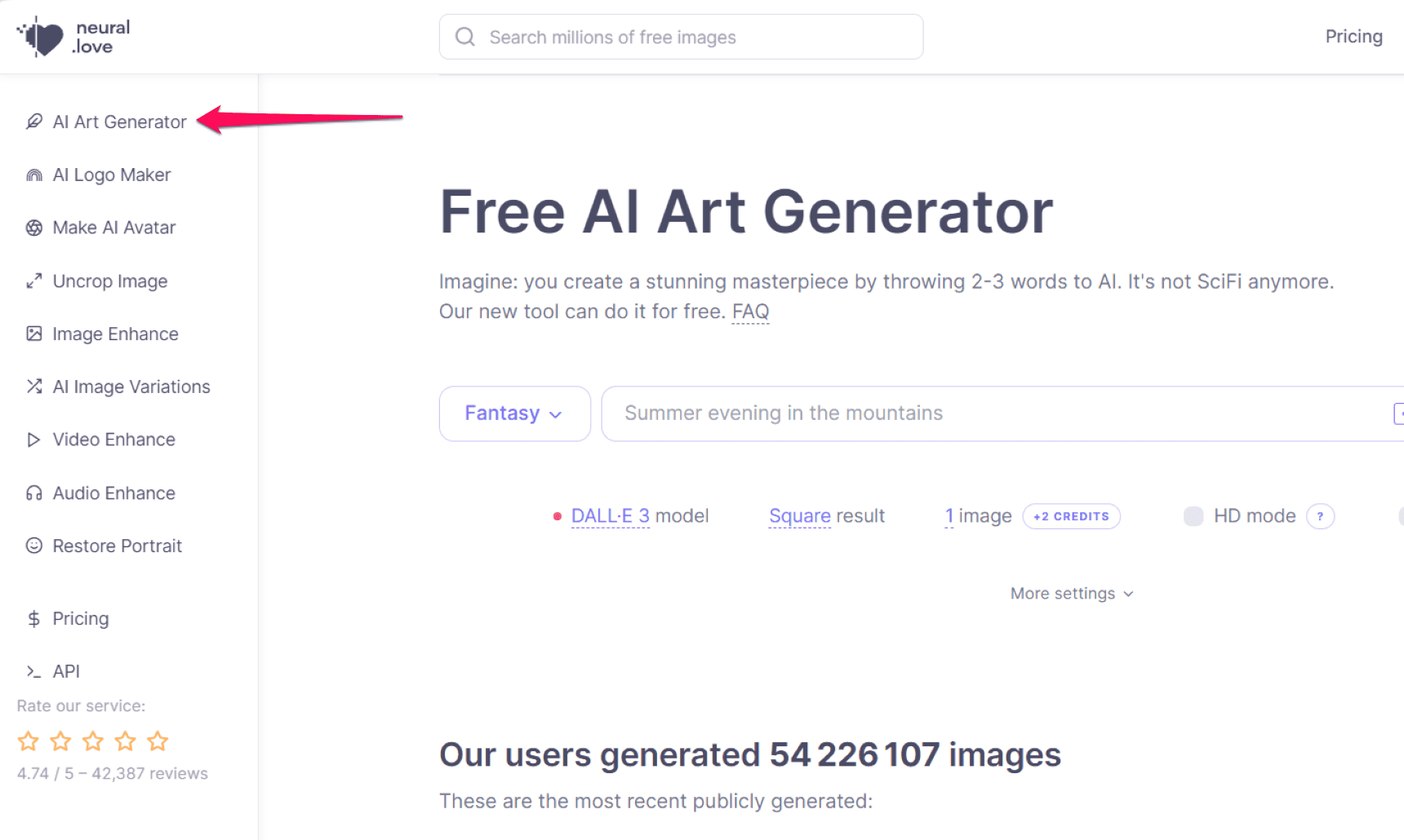 Locating AI Art Generator on the Neural Love homepage