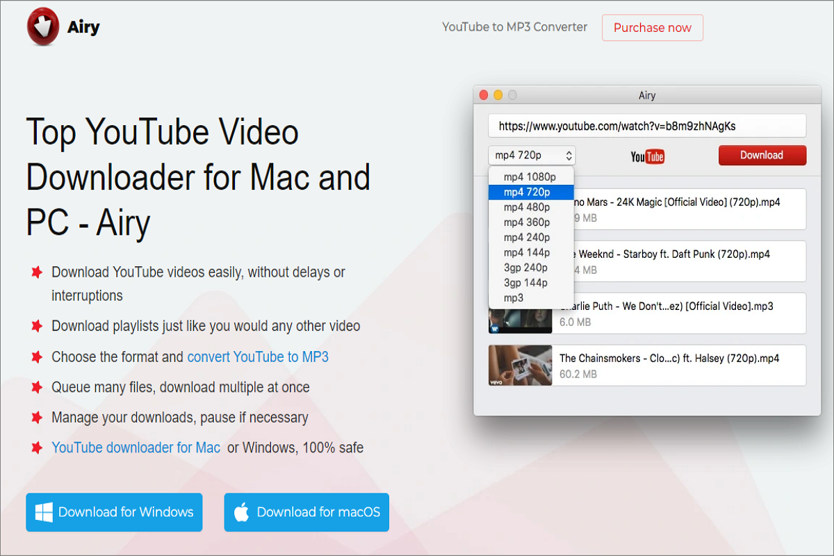 Airy YouTube downloader features screen
