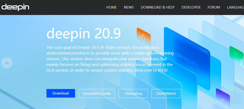 deepin linux distro main webpage