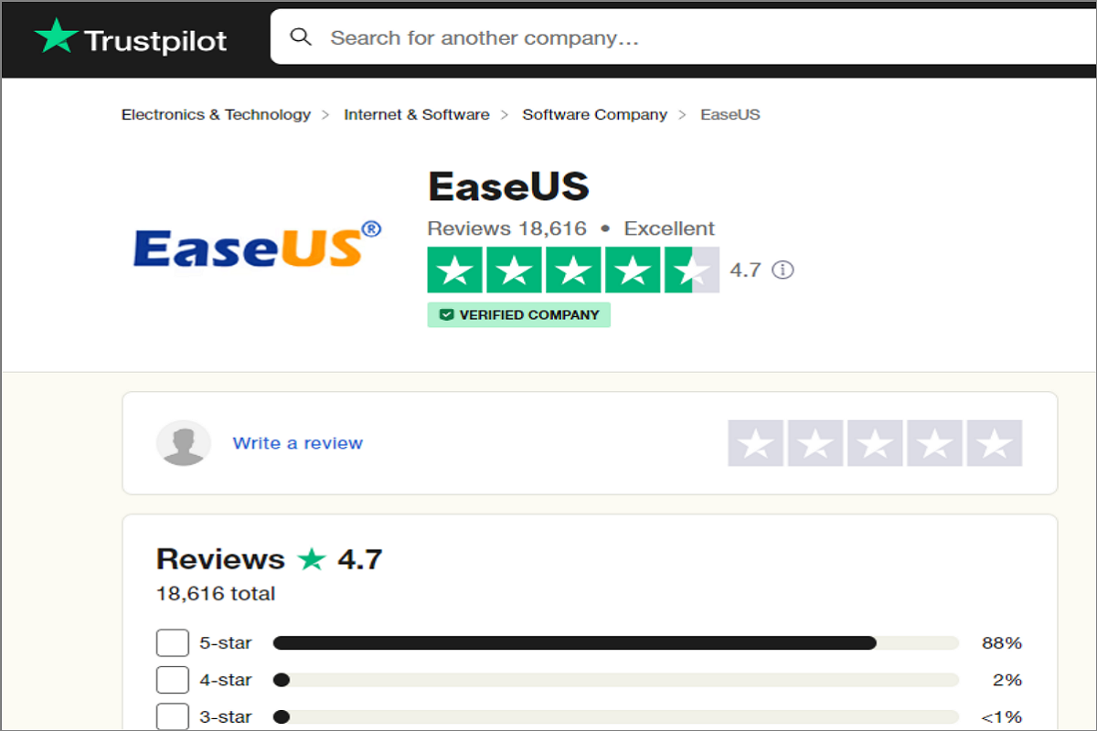 EaseUS TrustPilot review screen