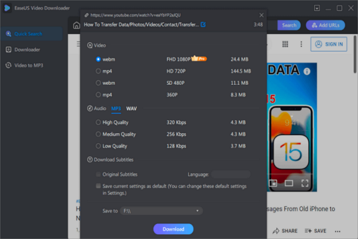 Screenshot of EaseUS video downloader for Mac