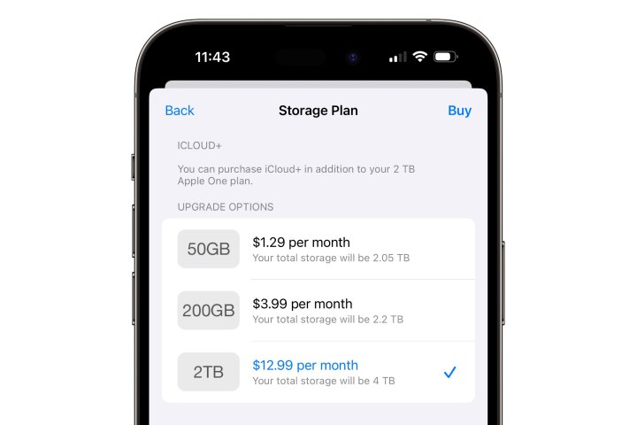 iPhone showing how to purchase 4TB of iCloud storage.