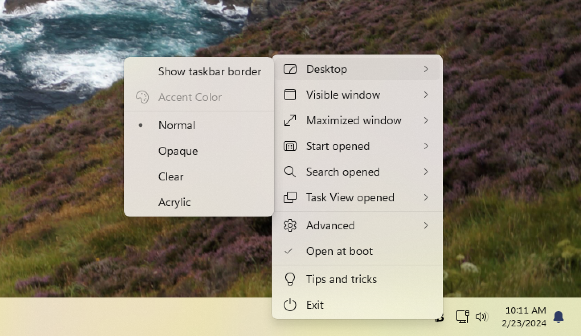TranslucentTB is configured from a taskbar icon. 