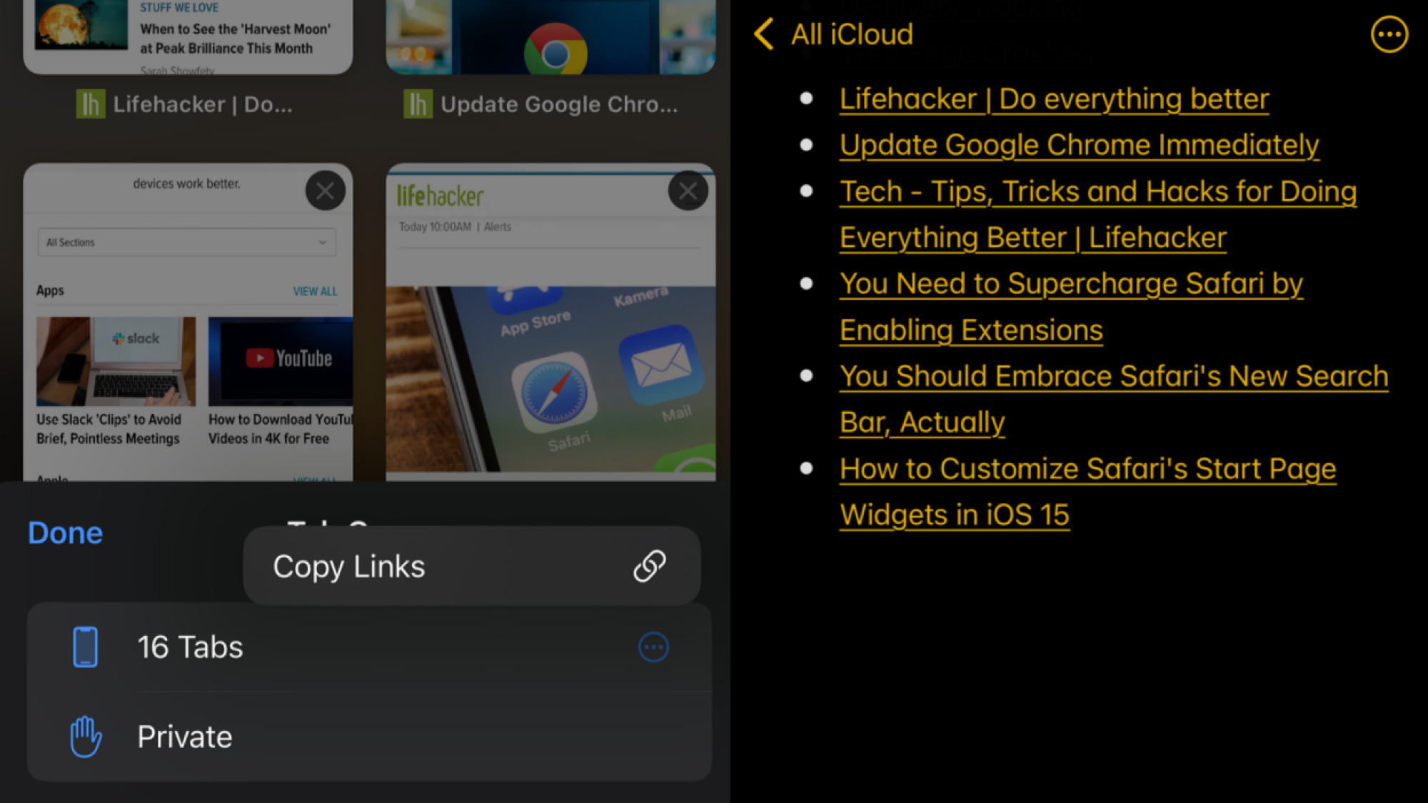 A screenshot showing 16 open tabs in Safari on an iPhone, with the Copy Links button visible on the left. The right side has the Notes app open, with all the copied links pasted in a new note.