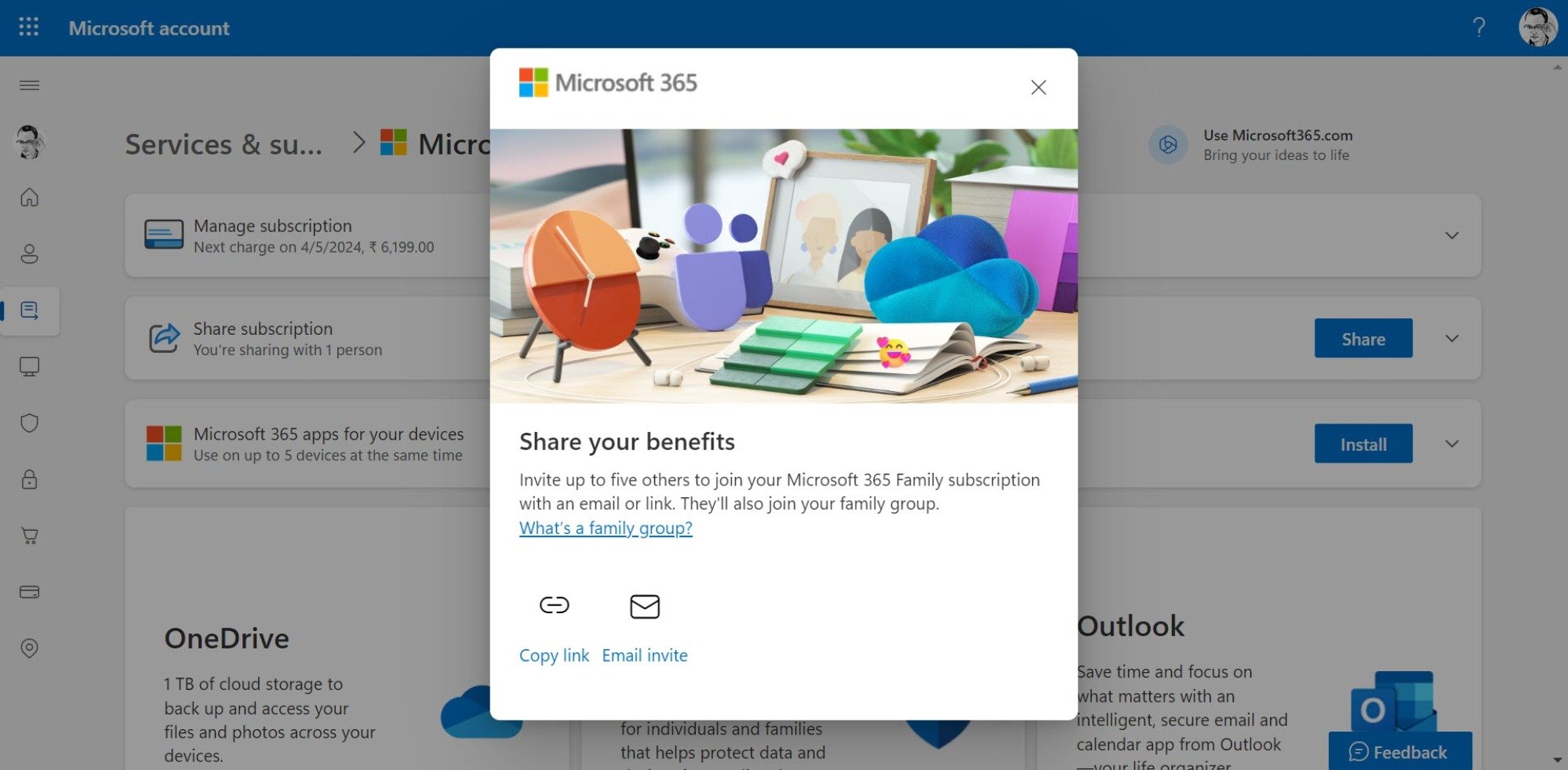 The Microsoft Services & subscriptions page with the Share button and options.