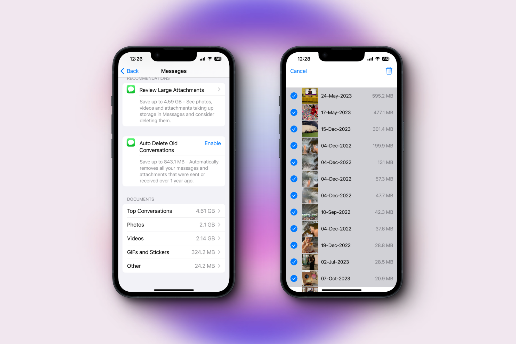 Review and delete large attachments from iMessages