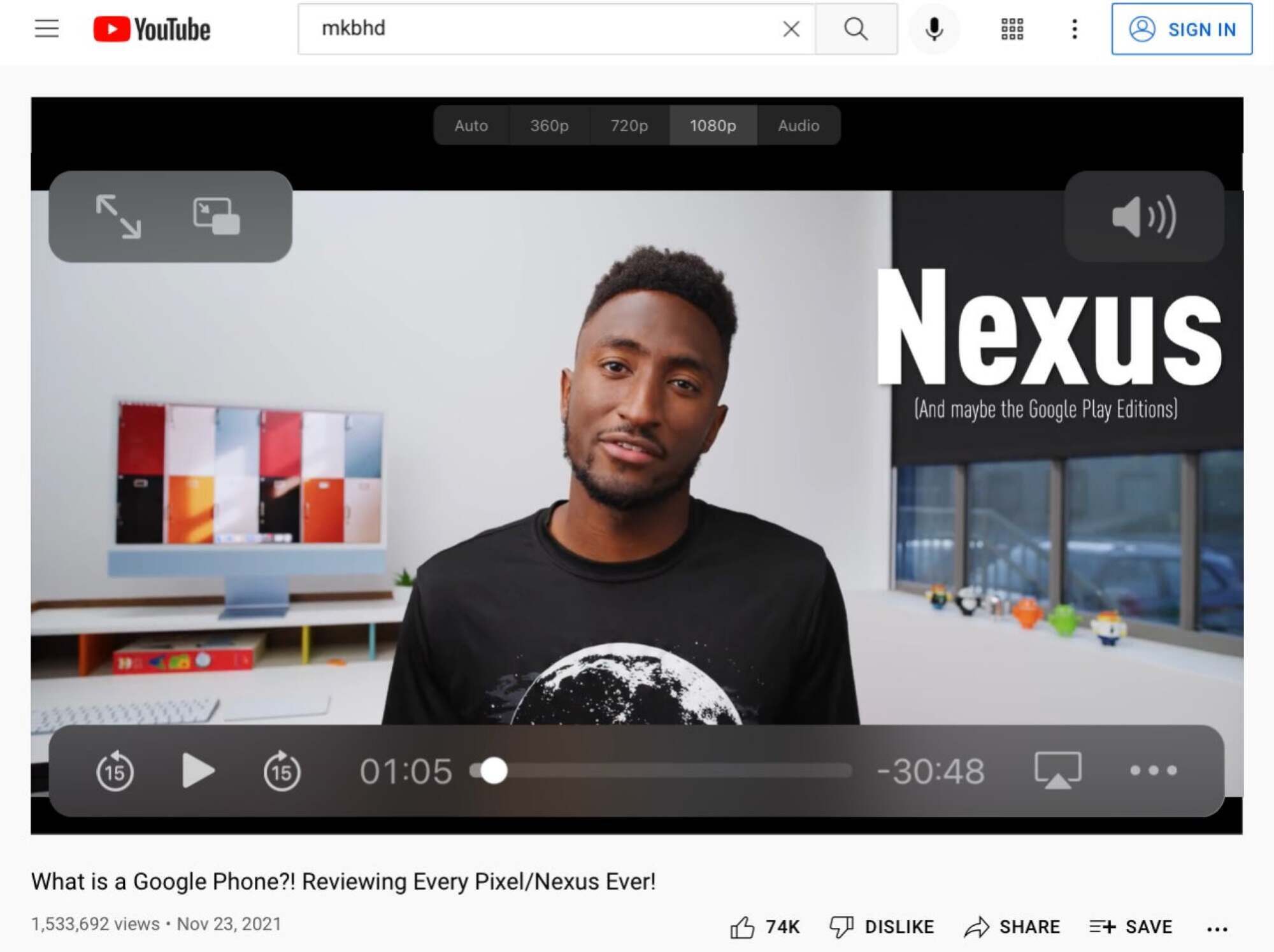 A screenshot of a YouTube video by MKBHD playing in Safari on an iPhone. The player controls are iOS native, thanks to the Vinegar browser extension.