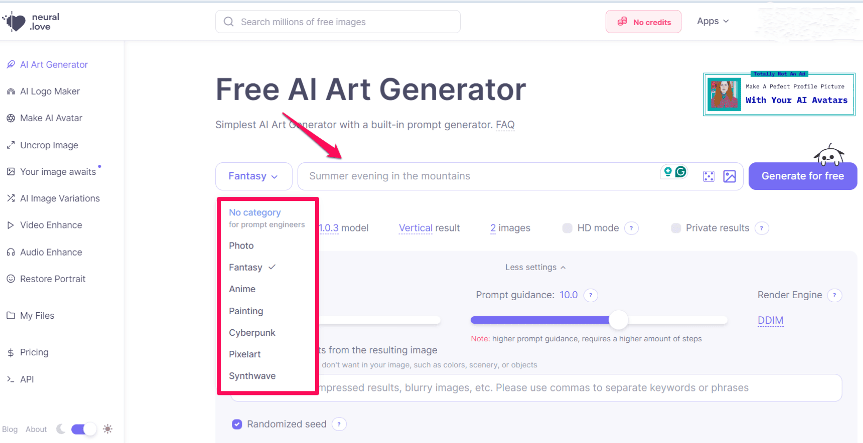 Choosing a category and adding a prompt into the Neuron Love AI art generator