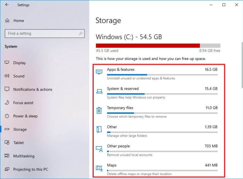 Windows 10 storage usage for the main drive