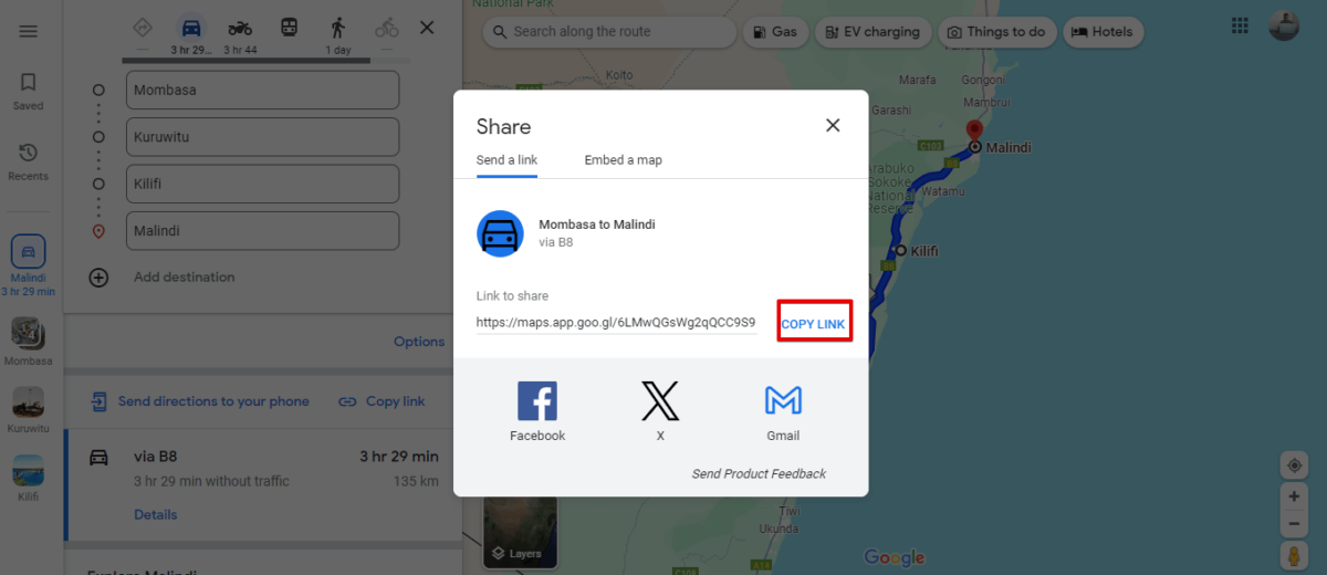 Copy Google Maps route link
