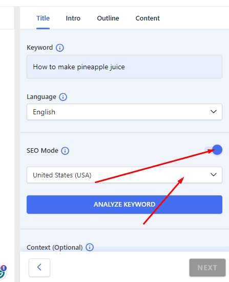 To analyze your keyword effectively, ensure GetGenie is in SEO mode and choose your country.