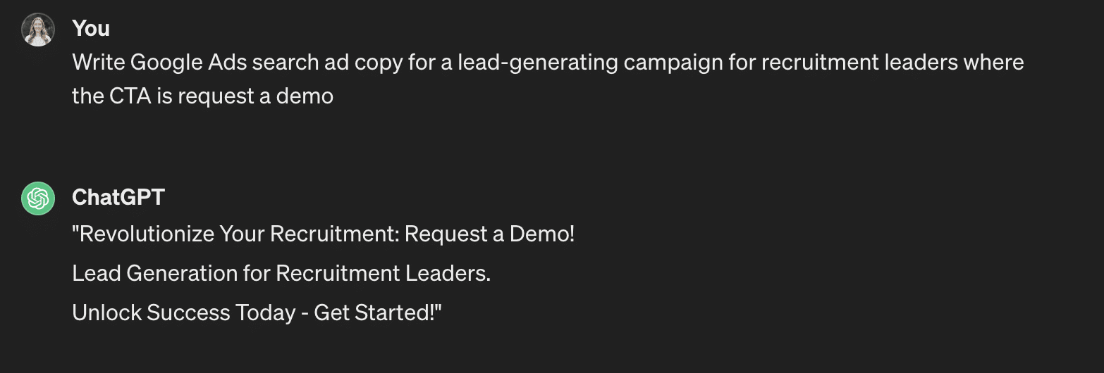 ChatGPT - Write Google ads search copy for recruitment leaders for lead-gen with CTA