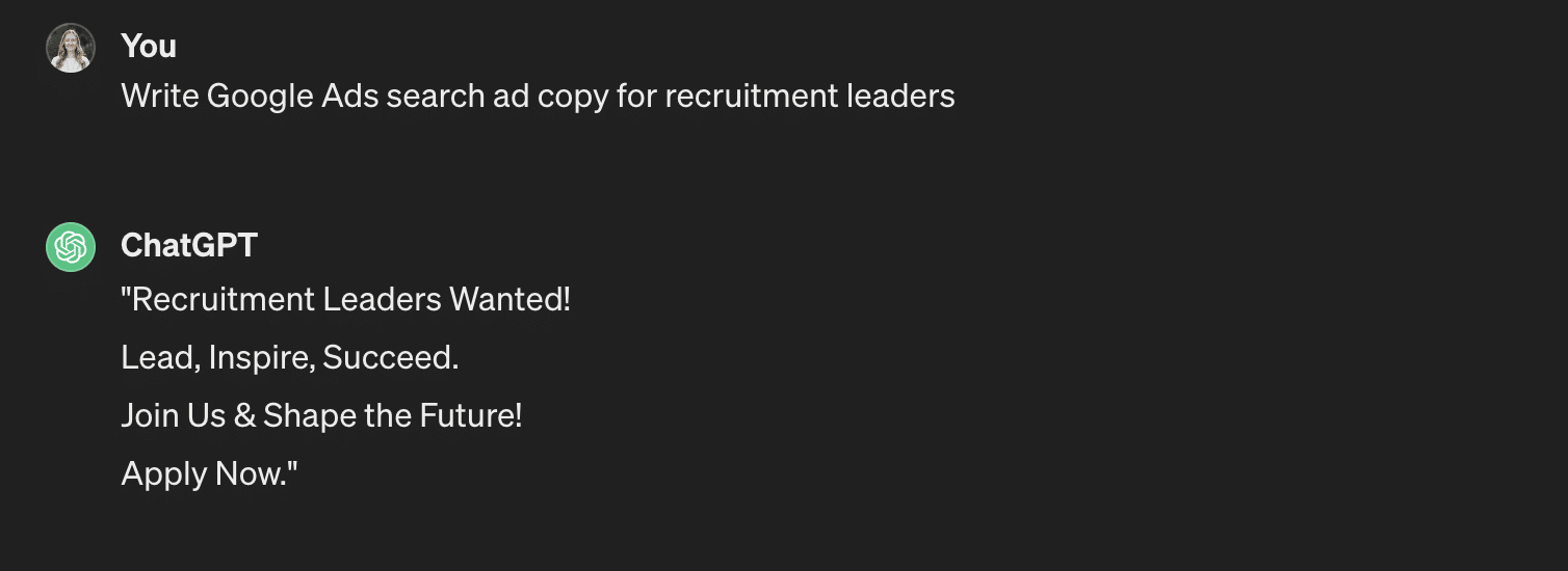 ChatGPT - Write Google ads search copy for recruitment leaders