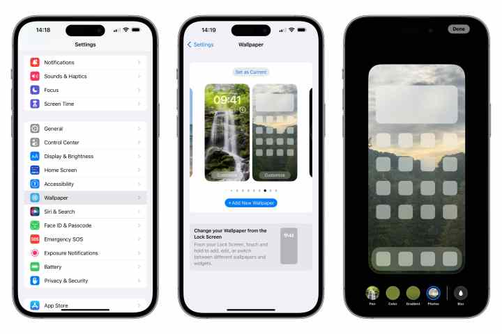Three iPhones showing steps to customize home screen wallpaper from the settings app in iOS 16.1.