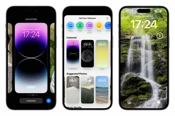 Three iPhones showing steps to customize home screen wallpaper from lock screen.