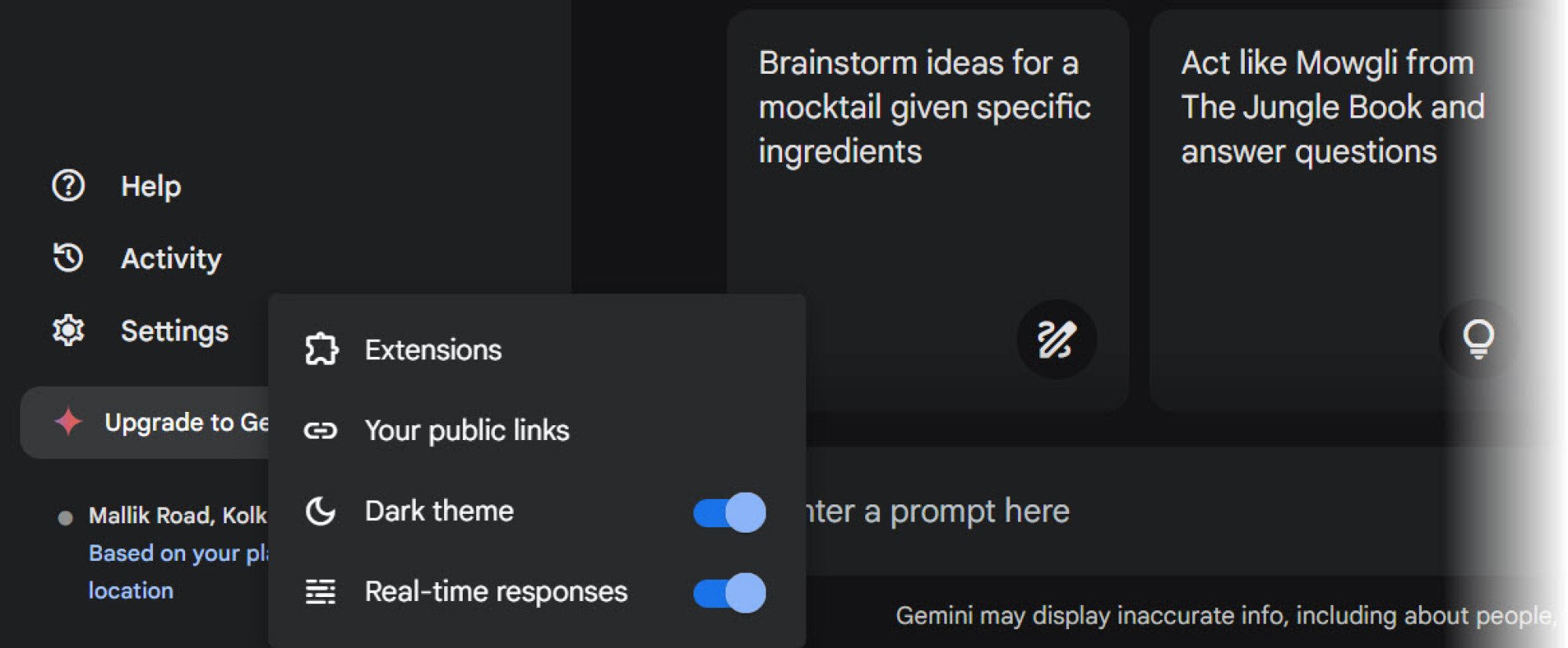 Gemini's real time responses setting